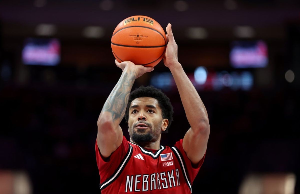 Jan 5, 2026; Columbus, Ohio, USA;  Nebraska Cornhuskers guard Jamarques Lawrence (10) shoots a free throw during the first half against the Ohio State Buckeyes at Value City Arena. Mandatory Credit: Joseph Maiorana-Imagn Images
