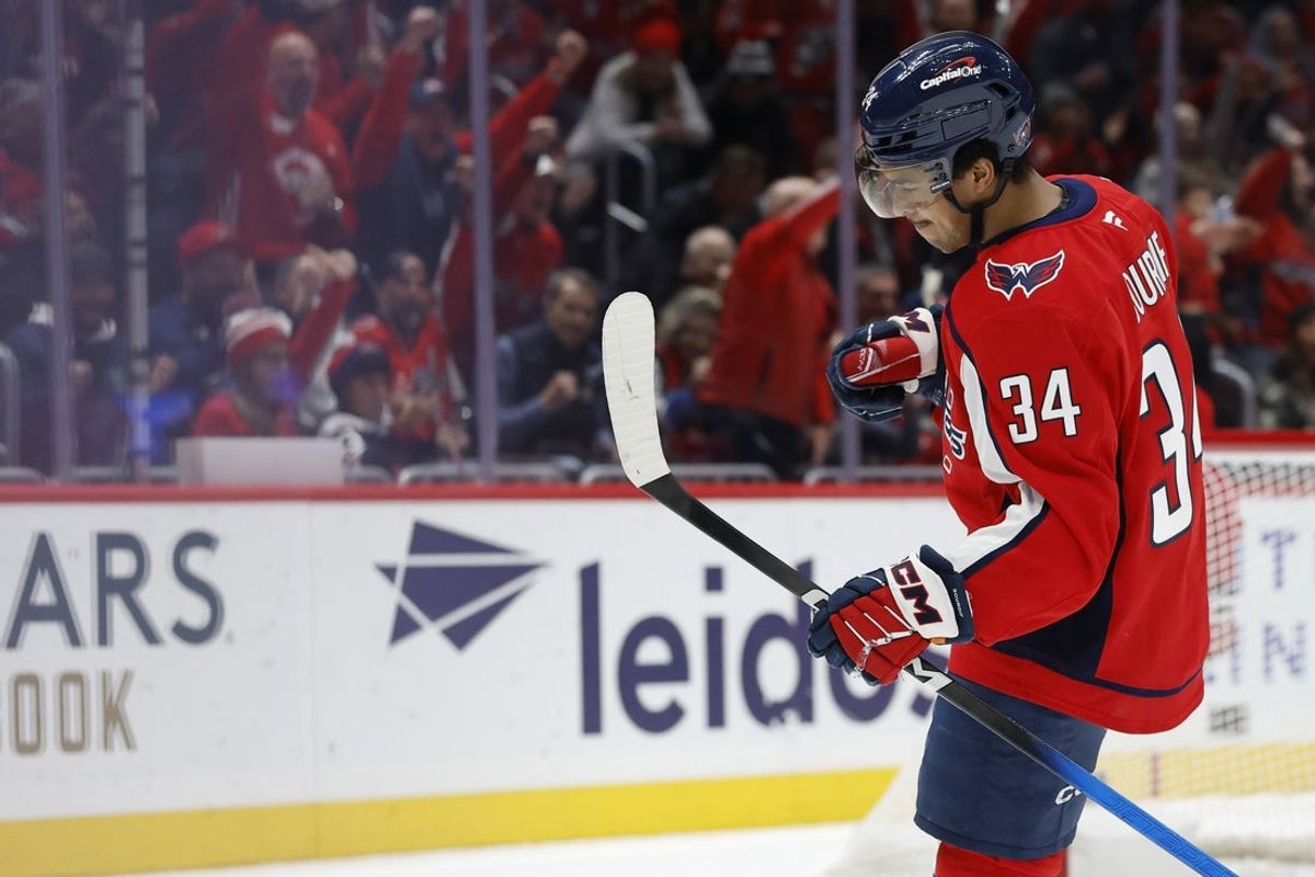 Jan 5, 2026; Washington, District of Columbia, USA; Washington Capitals right wing Justin Sourdif (34) celebrates after scoring a goal against the Anaheim Ducks during the first period at Capital One Arena. Mandatory Credit: Geoff Burke-Imagn Images