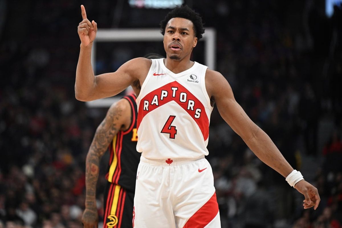 Jan 5, 2026; Toronto, Ontario, CAN;  Toronto Raptors forward Scottie Barnes (4) reacts after making a basket against the Atlanta Hawks in the first half at Scotiabank Arena. Mandatory Credit: Dan Hamilton-Imagn Images