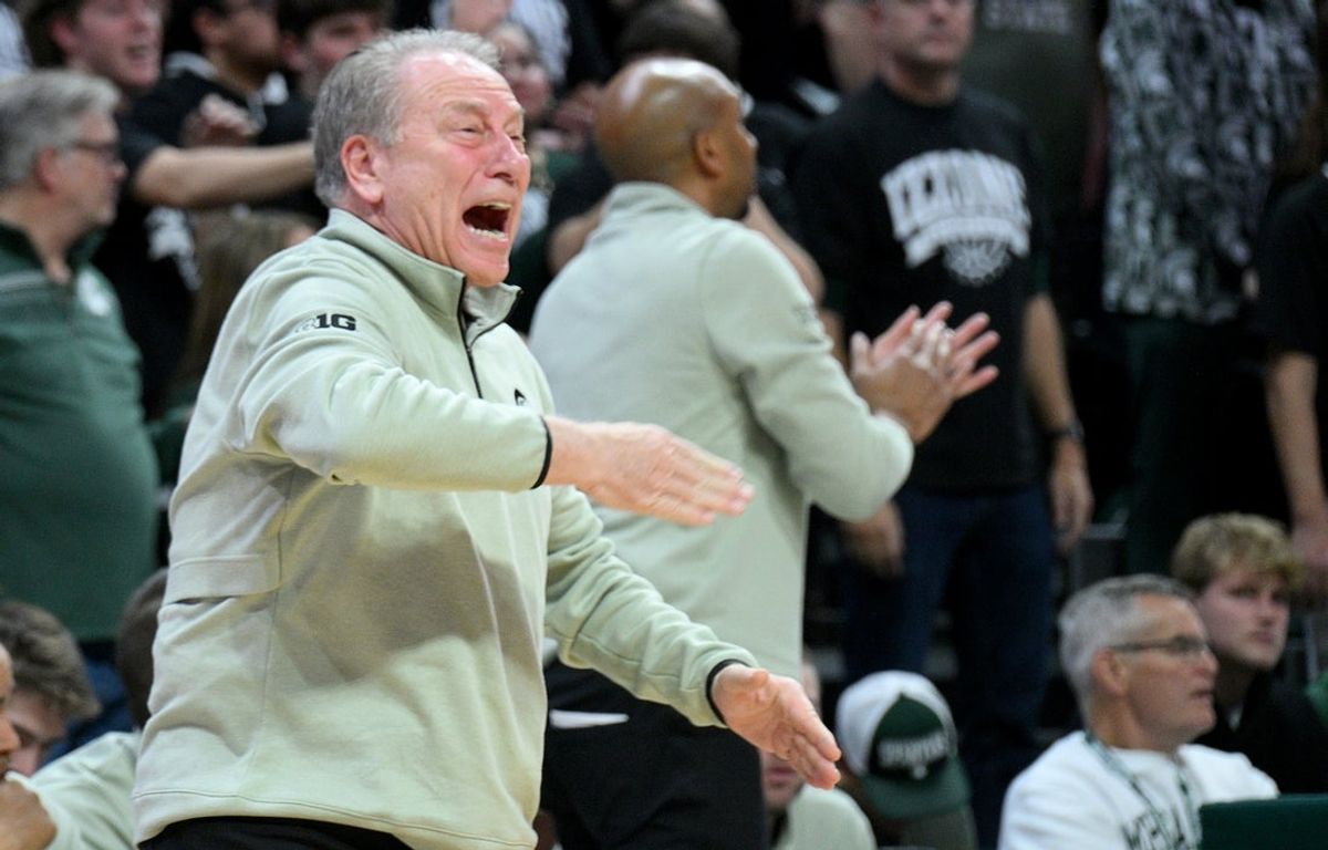 Jan 5, 2026; East Lansing, Michigan, USA;  Michigan State Spartans head coach Tom Izzo sends in a play against the Southern California Trojans during the first half at Jack Breslin Student Events Center. Mandatory Credit: Dale Young-Imagn Images