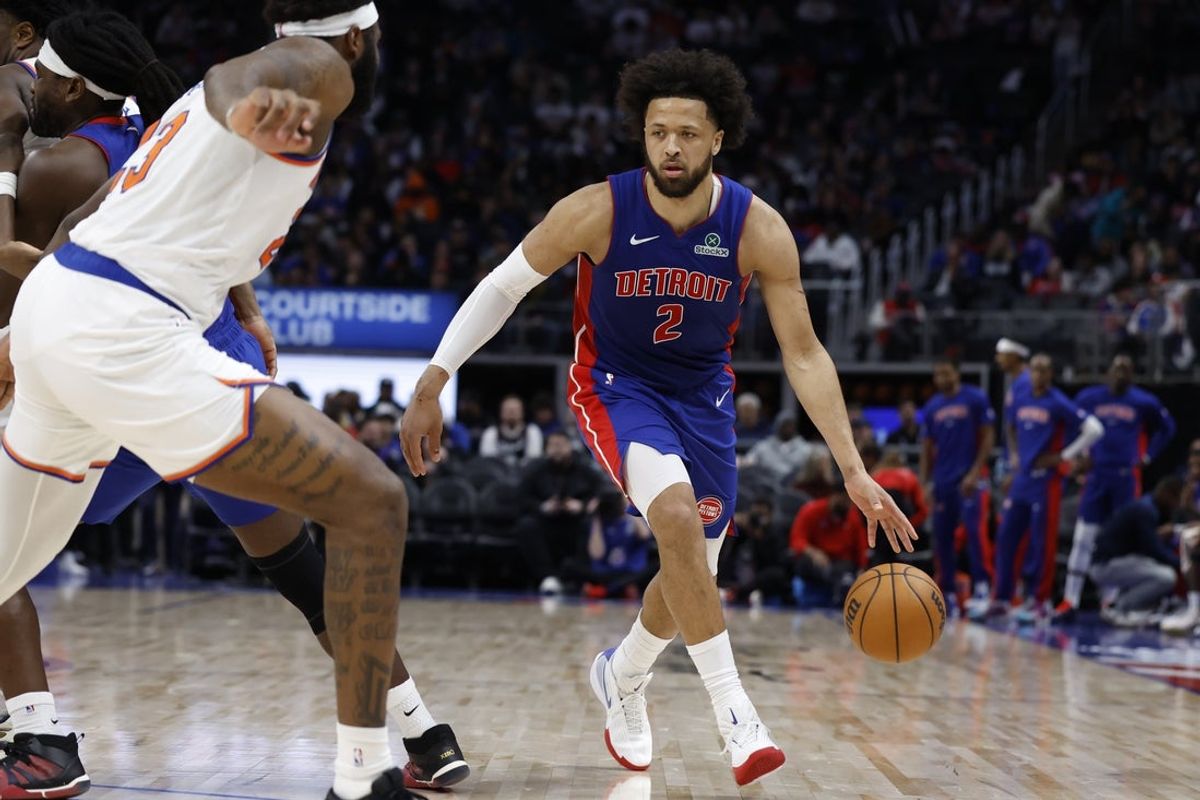 Jan 5, 2026; Detroit, Michigan, USA;  Detroit Pistons guard Cade Cunningham (2) dribbles in the second half against the New York Knicks at Little Caesars Arena. Mandatory Credit: Rick Osentoski-Imagn Images