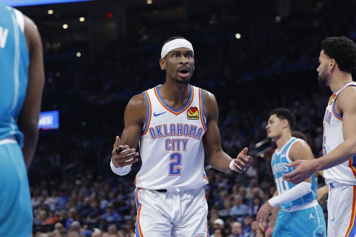 Jan 5, 2026; Oklahoma City, Oklahoma, USA; Oklahoma City Thunder guard Shai Gilgeous-Alexander (2) reacts after an official call following a play against the Charlotte Hornets during the second half at Paycom Center. Mandatory Credit: Alonzo Adams-Imagn Images