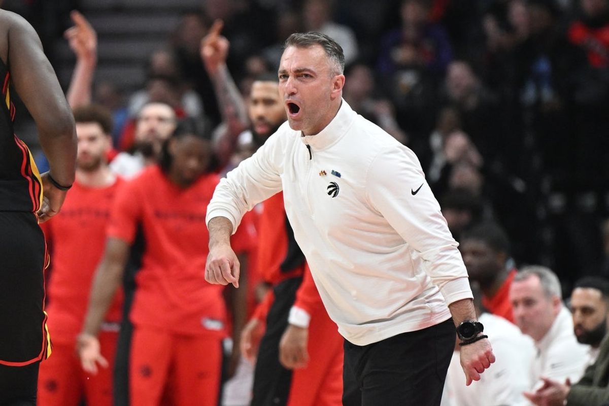 Jan 5, 2026; Toronto, Ontario, CAN; Toronto Raptors head coach Darko Rajakovic reacts after a scoring play against the Atlanta Hawks in the second half at Scotiabank Arena. Mandatory Credit: Dan Hamilton-Imagn Images