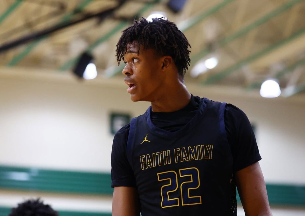Jan 2, 2026; Mesa, AZ, USA; Oak Cliff Faith Family Academy (TX) forward Xavier Young (22) against CIA Bella Vista (AZ) during the HoopHall West Tournament at Skyline High School. Mandatory Credit: Mark J. Rebilas-Imagn Images