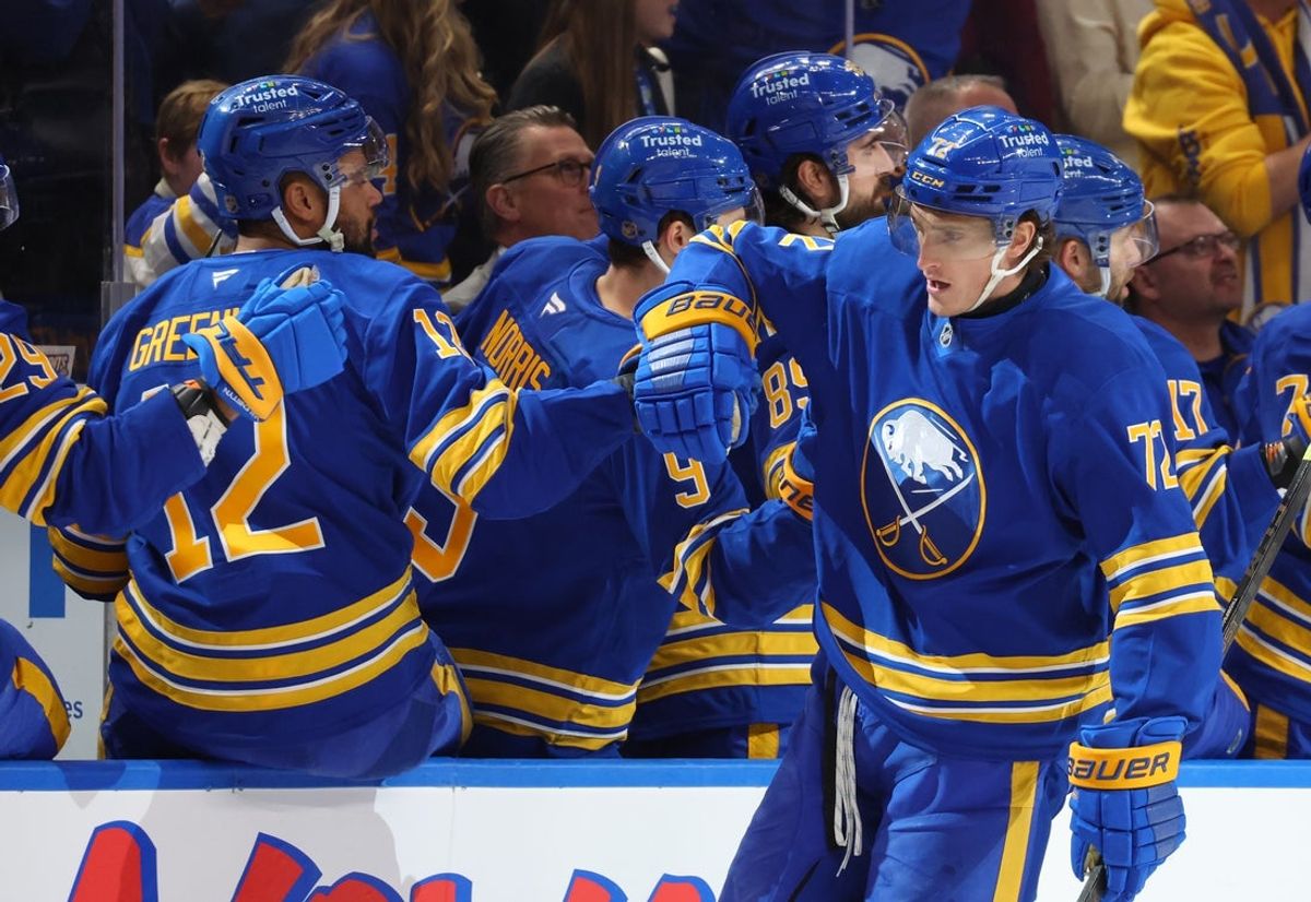Jan 6, 2026; Buffalo, New York, USA;  Buffalo Sabres center Tage Thompson (72) celebrates his goal with teammates during the first period against the Vancouver Canucks at KeyBank Center. Mandatory Credit: Timothy T. Ludwig-Imagn Images