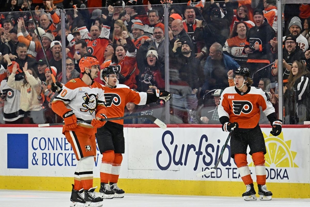 Jan 6, 2026; Philadelphia, Pennsylvania, USA; Philadelphia Flyers center Trevor Zegras (46) reacts after scoring goal against the Anaheim Ducks during the first period at Xfinity Mobile Arena. Mandatory Credit: Eric Hartline-Imagn Images