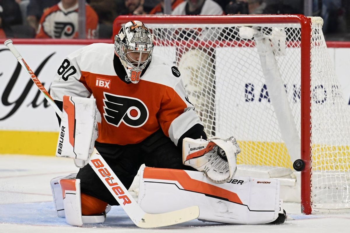 Jan 6, 2026; Philadelphia, Pennsylvania, USA; Philadelphia Flyers goaltender Dan Vladar (80) reacts as the puck hits the post against the Anaheim Ducks during the first period at Xfinity Mobile Arena. Mandatory Credit: Eric Hartline-Imagn Images