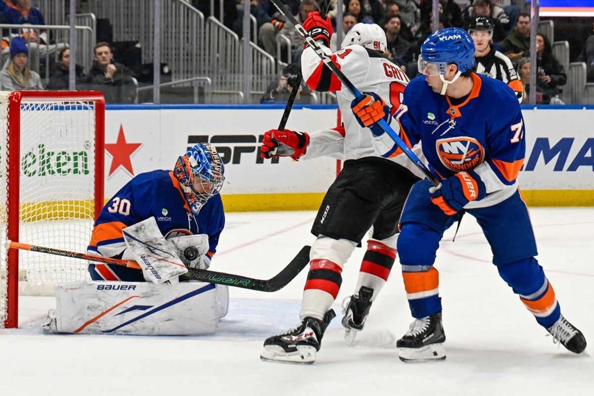 Jan 6, 2026; Elmont, New York, USA; New York Islanders goaltender Ilya Sorokin (30) makes a save against the New Jersey Devils  during the first period at UBS Arena. Mandatory Credit: Dennis Schneidler-Imagn Images