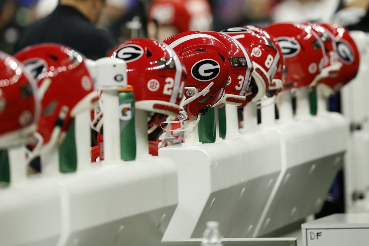Jan 1, 2026; New Orleans, LA, USA; Georgia Bulldogs players' helmets rest on the bench in the second quarter against the Mississippi Rebels during the 2026 Sugar Bowl and quarterfinal game of the College Football Playoff at Caesars Superdome. Mandatory Credit: Geoff Burke-Imagn Images