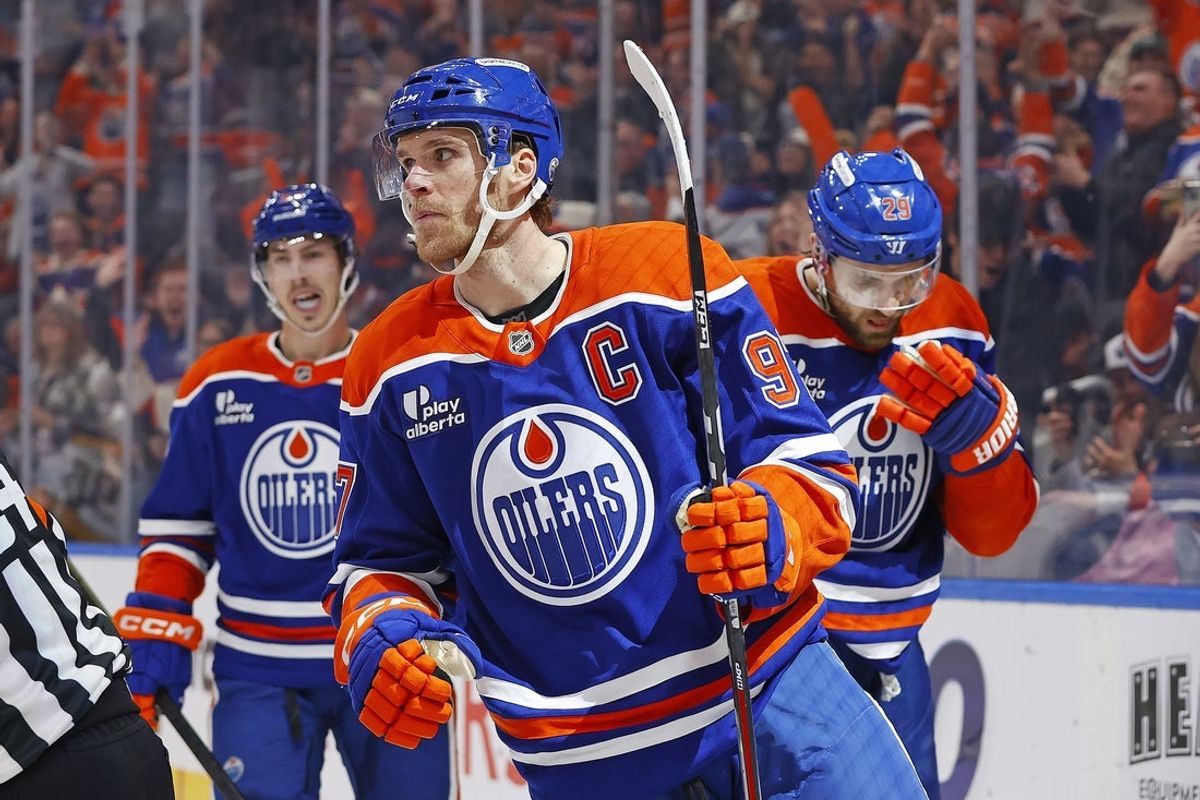 Jan 6, 2026; Edmonton, Alberta, CAN; Edmonton Oilers forward Connor McDavid (97) celebrates after scoring a goal against the Nashville Predators during the first period at Rogers Place. Mandatory Credit: Perry Nelson-Imagn Images
