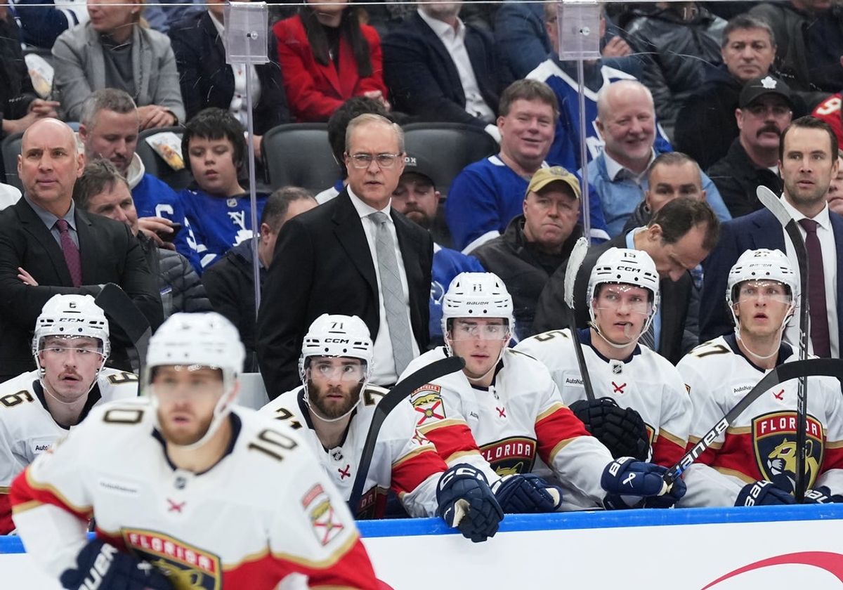 Jan 6, 2026; Toronto, Ontario, CAN; Florida Panthers head coach Paul Maurice watches the play against the Toronto Maple Leafs during the third period at Scotiabank Arena. Mandatory Credit: Nick Turchiaro-Imagn Images