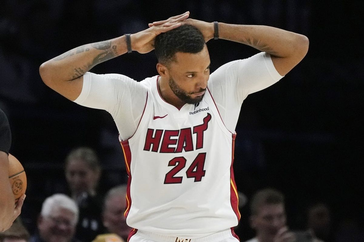 Jan 6, 2026; Minneapolis, Minnesota, USA; Miami Heat guard Norman Powell (24) pauses after a foul by the Minnesota Timberwolves in the first quarter at Target Center. Mandatory Credit: Bruce Kluckhohn-Imagn Images