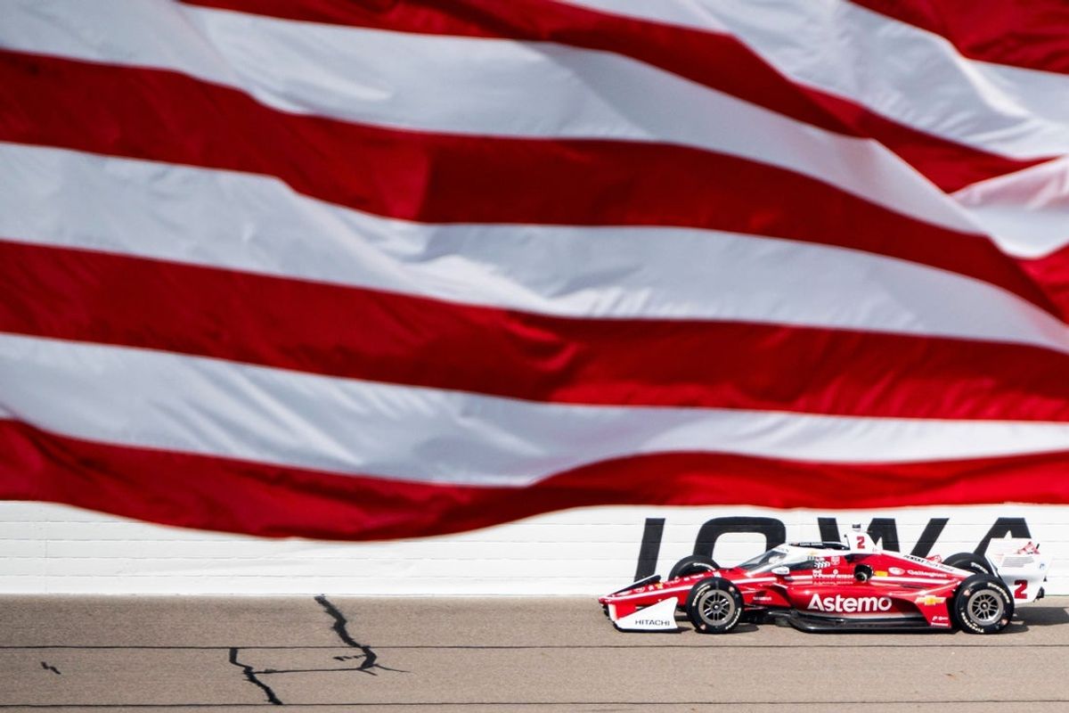 Josef Newgarden (2) goes down the backstretch during the NTT IndyCar Series Synk 275 on July 12, 2025, at Iowa Speedway in Newton, Iowa. Pato O'Ward (5) finished first.