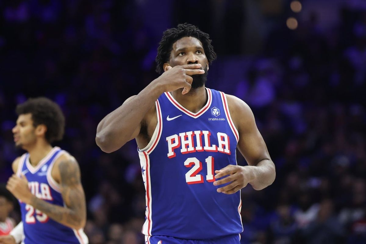 Jan 7, 2026; Philadelphia, Pennsylvania, USA; Philadelphia 76ers center Joel Embiid (21) reacts to his three pointer against the Washington Wizards during the second quarter at Xfinity Mobile Arena. Mandatory Credit: Bill Streicher-Imagn Images