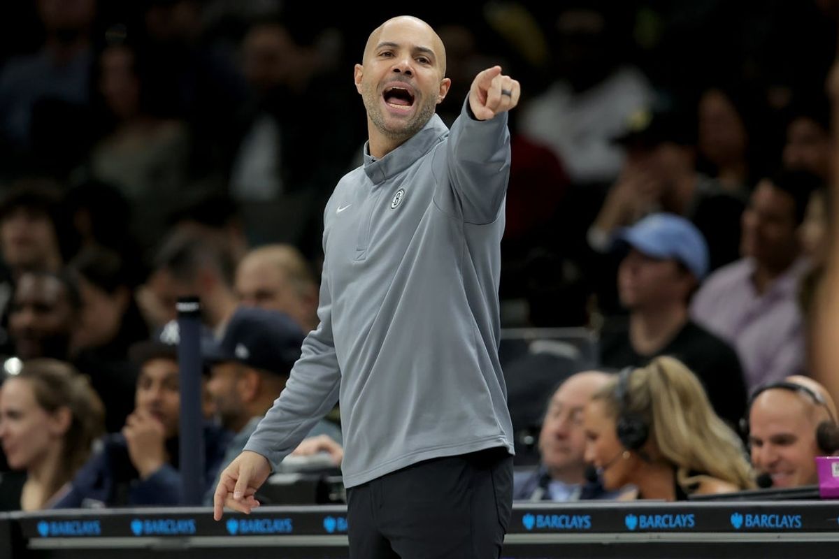 Jan 7, 2026; Brooklyn, New York, USA; Brooklyn Nets head coach Jordi Fernandez coaches against the Orlando Magic during the second quarter at Barclays Center. Mandatory Credit: Brad Penner-Imagn Images