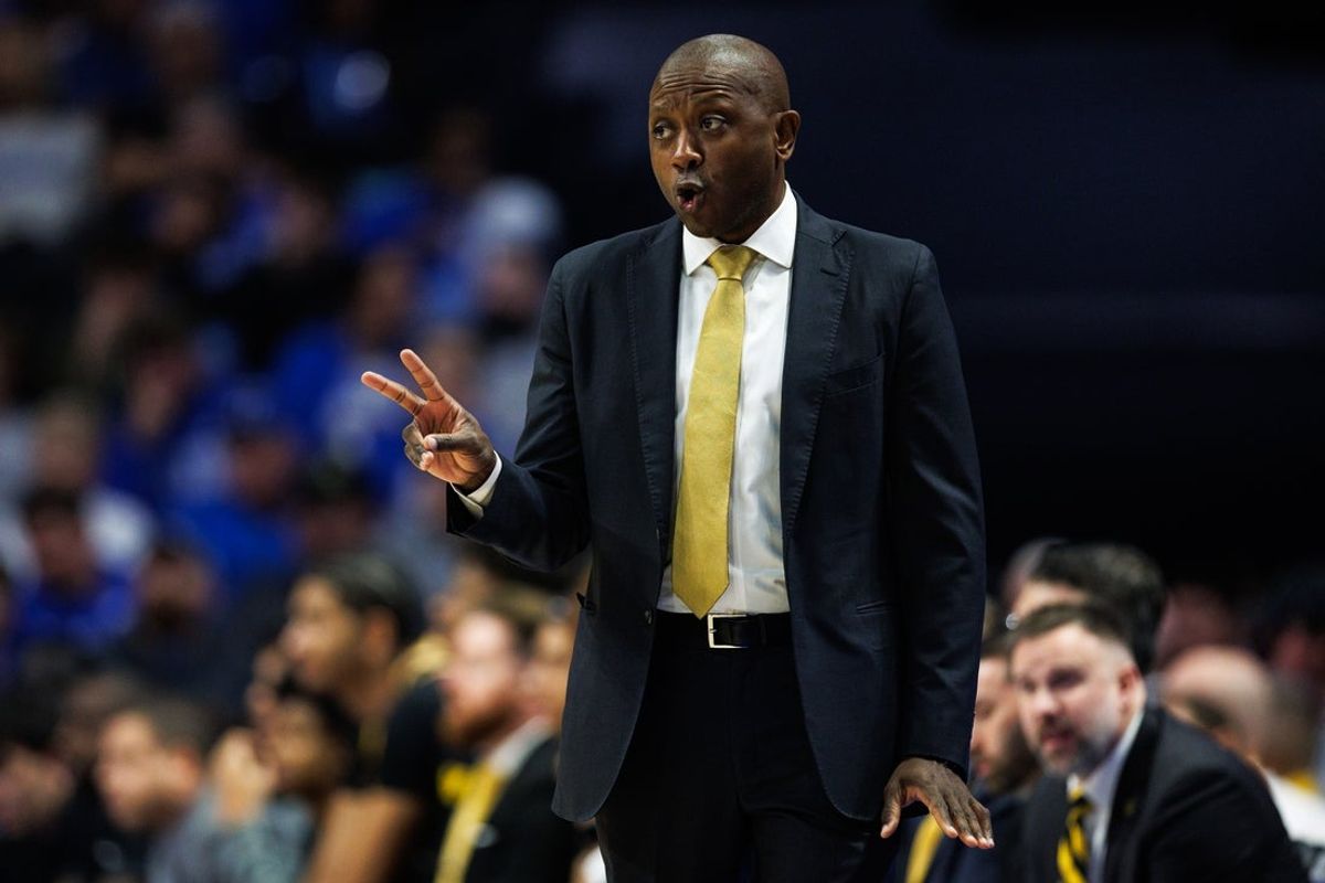 Jan 7, 2026; Lexington, Kentucky, USA; Missouri Tigers head coach Dennis Gates talks to his players during the first half against the Kentucky Wildcats at Rupp Arena at Central Bank Center. Mandatory Credit: Jordan Prather-Imagn Images