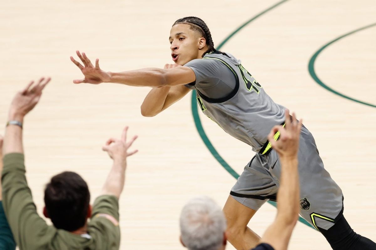 Jan 7, 2026; Waco, Texas, USA;  Baylor Bears guard Cameron Carr (43) reacts with fans after scoring a three-point basket against the Iowa State Cyclones during the first half at Paul and Alejandra Foster Pavilion. Mandatory Credit: Chris Jones-Imagn Images