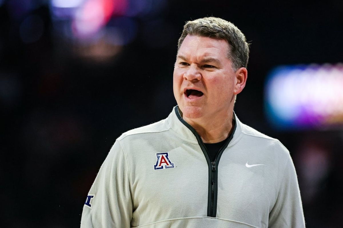 Jan 7, 2026; Tucson, Arizona, USA; Arizona Wildcats head coach Tommy Lloyd yells out towards players during the first half of the game against the Kansas State Wildcats at McKale Memorial Center. Mandatory Credit: Aryanna Frank-Imagn Images