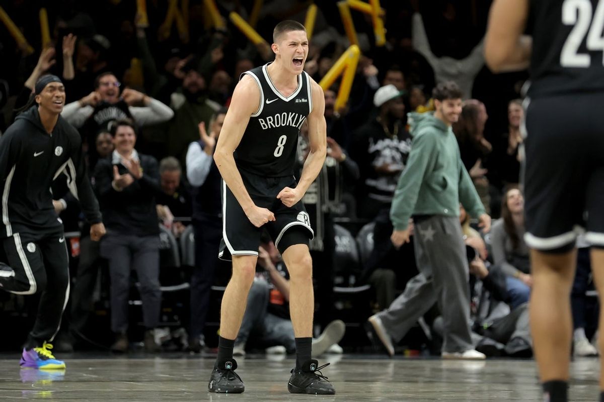Jan 7, 2026; Brooklyn, New York, USA; Brooklyn Nets guard Egor Demin (8) celebrates his three point shot against the Orlando Magic to send the game to overtime during the fourth quarter at Barclays Center. Mandatory Credit: Brad Penner-Imagn Images