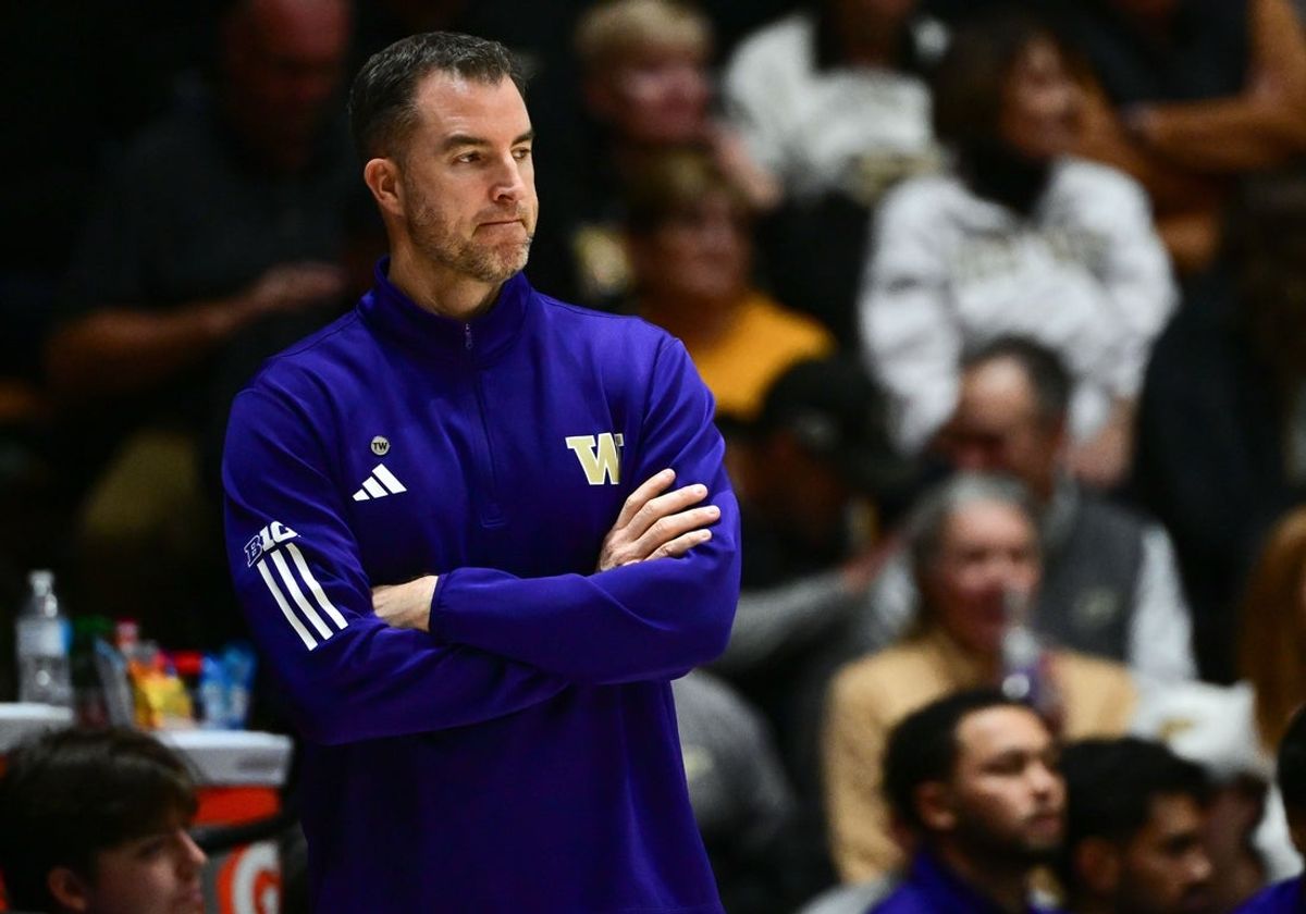 Jan 7, 2026; West Lafayette, Indiana, USA; Washington Huskies head coach Danny Sprinkle watches gameplay during the second half against the Purdue Boilermakers at Mackey Arena. Mandatory Credit: Marc Lebryk-Imagn Images