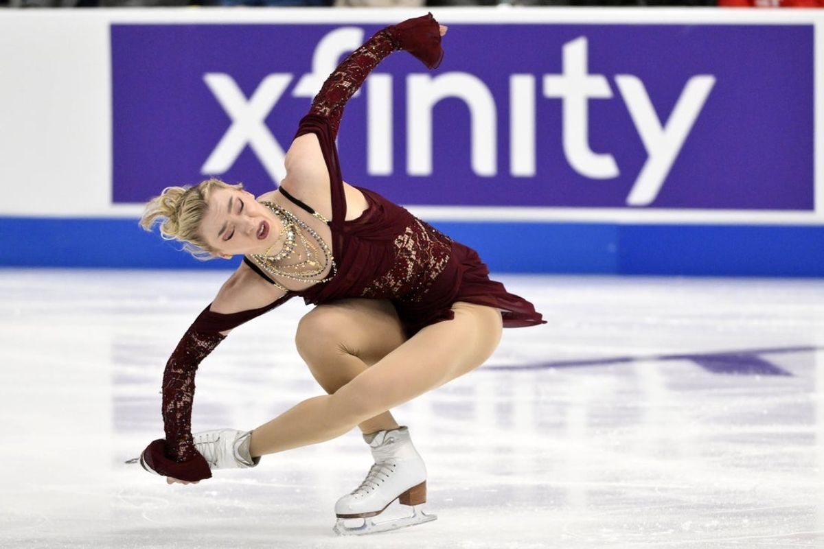 Jan 7, 2026; St. Louis, Missouri, UNITED STATES; Amber Glenn skates in the women's short program during the 2026 U.S. Figure Skating Championships at Enterprise Center. Mandatory Credit: Jeff Curry-Imagn Images