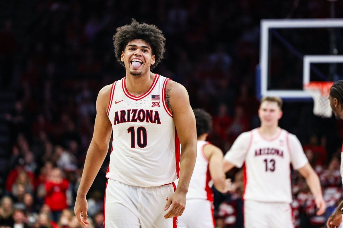 Jan 7, 2026; Tucson, Arizona, USA; Arizona Wildcats forward Koa Peat (10) sticks out his tongue during the second half of the game against the Kansas State Wildcats at McKale Memorial Center. Mandatory Credit: Aryanna Frank-Imagn Images