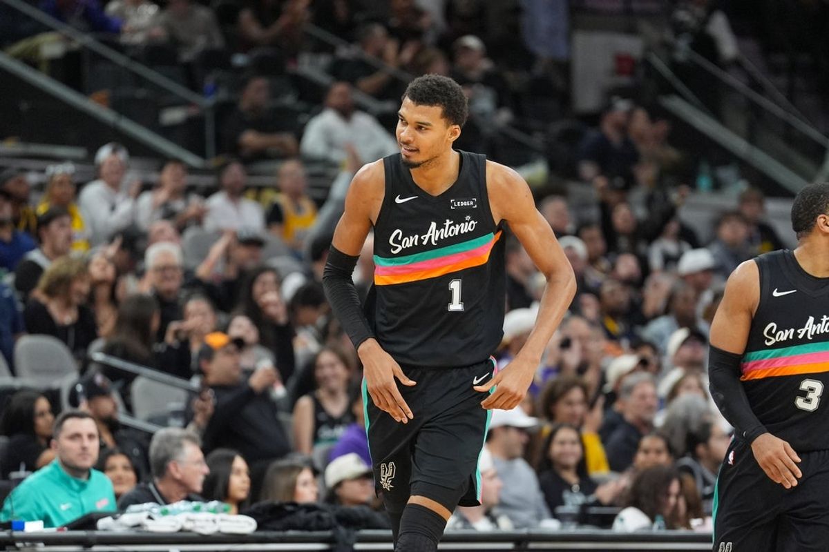 Jan 7, 2026; San Antonio, Texas, USA;  San Antonio Spurs forward/center Victor Wembanyama (1) looks over in the second half against the Los Angeles Lakers at Frost Bank Center. Mandatory Credit: Daniel Dunn-Imagn Images