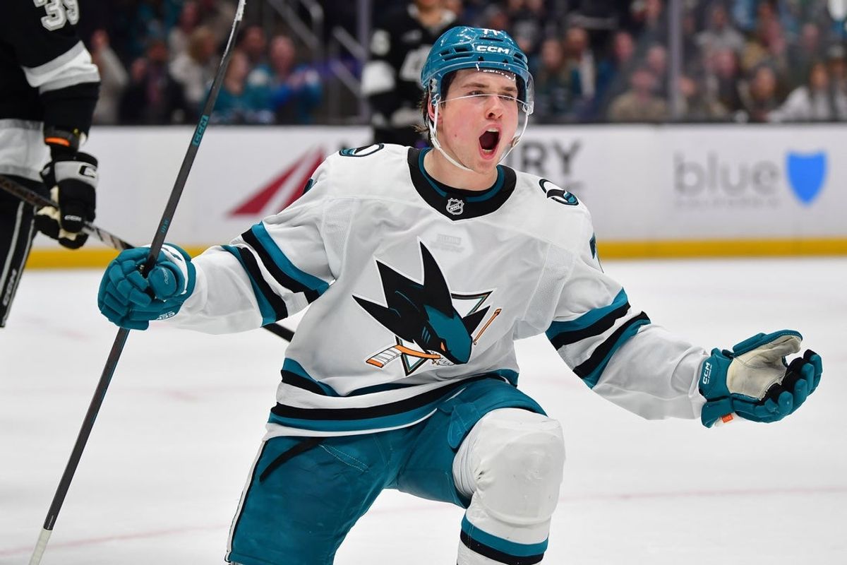 Jan 7, 2026; Los Angeles, California, USA; San Jose Sharks center Macklin Celebrini (71) celebrates his goal scored against the Los Angeles Kings during the third period at Crypto.com Arena. Mandatory Credit: Gary A. Vasquez-Imagn Images