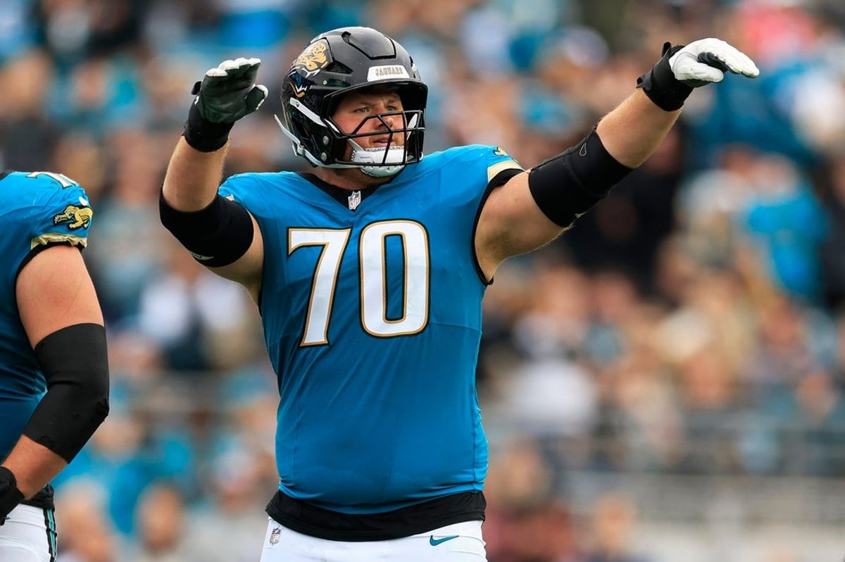 Jacksonville Jaguars offensive tackle Cole van Lanen (70) reacts to a stop during the fourth quarter of an NFL football matchup at EverBank Stadium, Sunday, Jan. 4, 2026, in Jacksonville, Fla. The Jaguars defeated the Titans 41-7, capturing the AFC South title. [Corey Perrine/Florida Times-Union]
