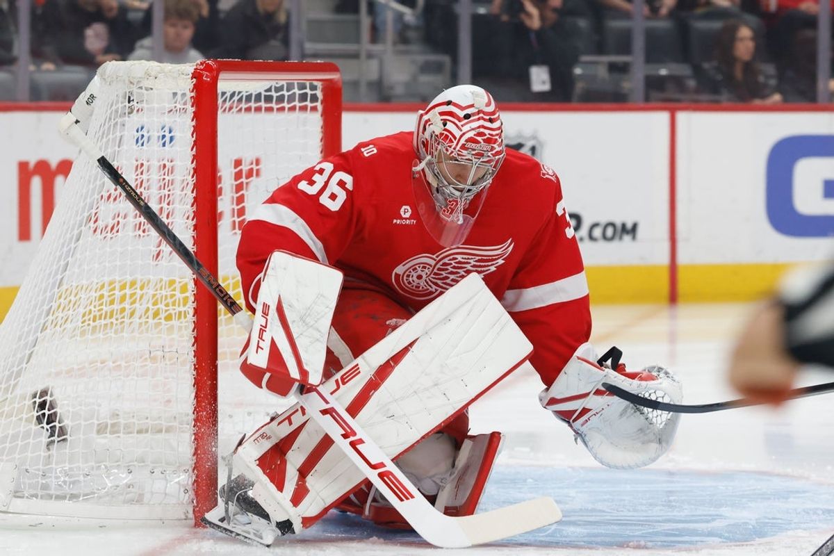 Jan 8, 2026; Detroit, Michigan, USA;  Detroit Red Wings goaltender John Gibson (36) makes the save in the first period against the Vancouver Canucks at Little Caesars Arena. Mandatory Credit: Rick Osentoski-Imagn Images