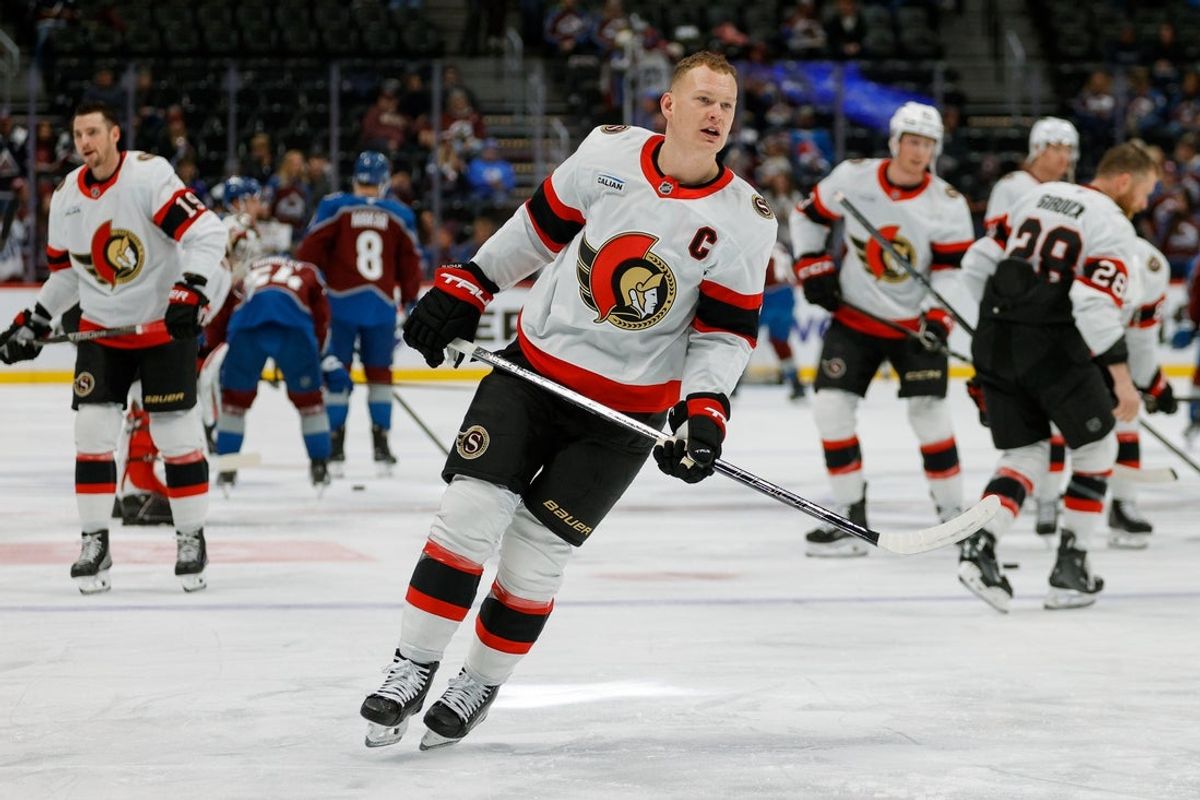 Jan 8, 2026; Denver, Colorado, USA; Ottawa Senators left wing Brady Tkachuk (7) before the game against the Colorado Avalanche at Ball Arena. Mandatory Credit: Isaiah J. Downing-Imagn Images