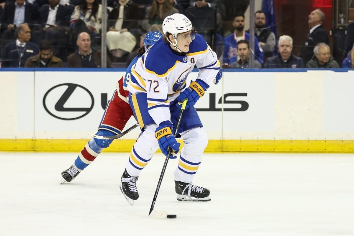 Jan 8, 2026; New York, New York, USA;  Buffalo Sabres center Tage Thompson (72) controls the puck in the second period against the New York Rangers at Madison Square Garden. Mandatory Credit: Wendell Cruz-Imagn Images