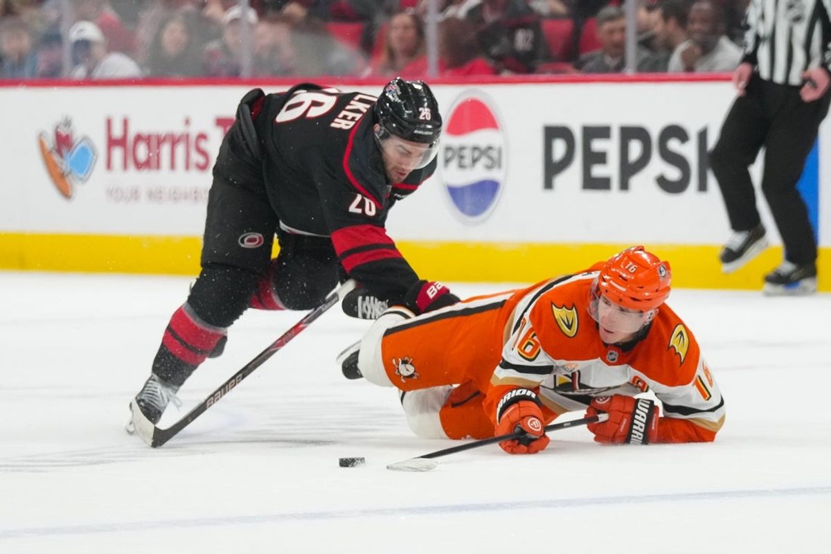 Jan 8, 2026; Raleigh, North Carolina, USA;  Carolina Hurricanes defenseman Sean Walker (26) trips Anaheim Ducks center Ryan Strome (16) during the second period at Lenovo Center. Mandatory Credit: James Guillory-Imagn Images