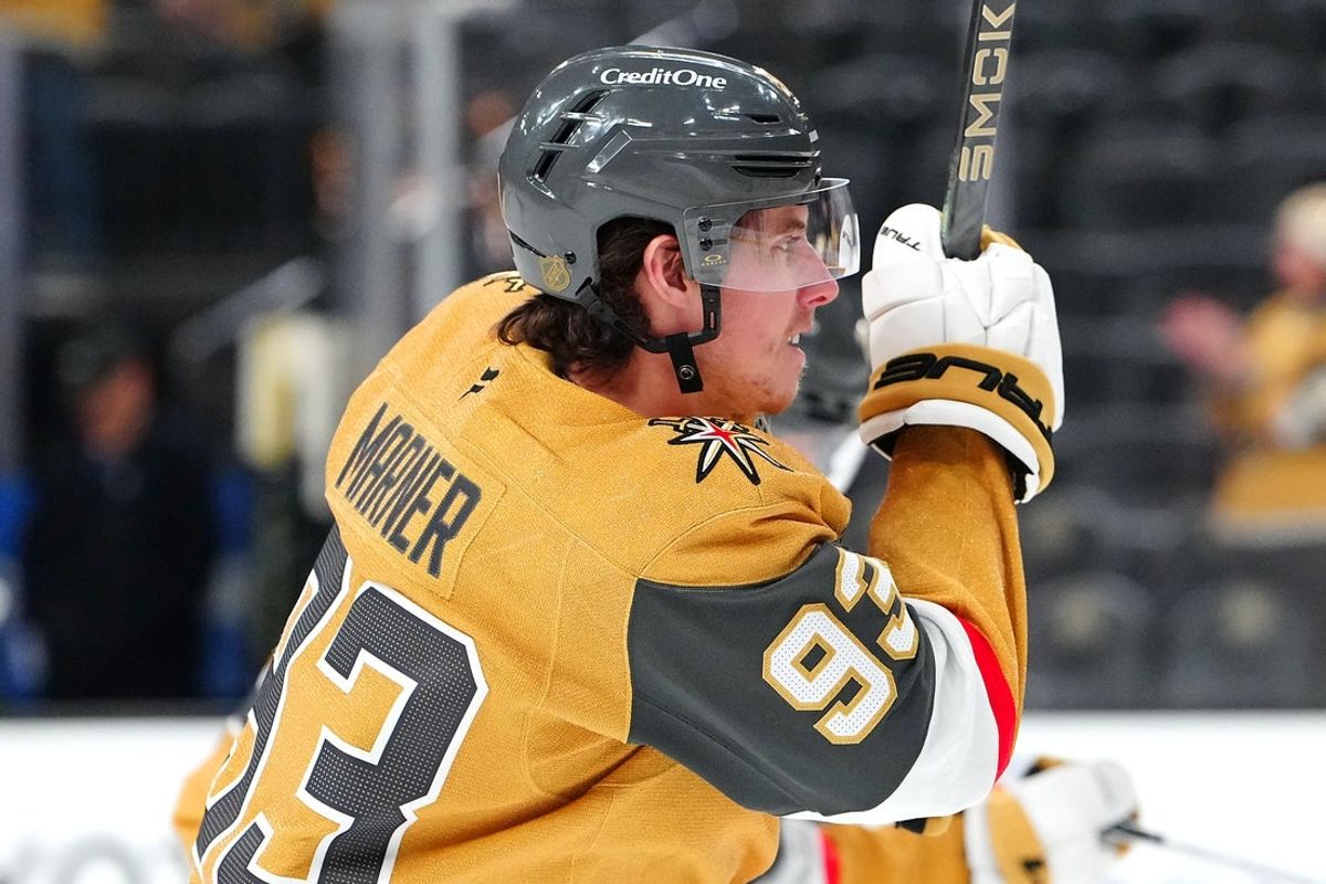 Jan 8, 2026; Las Vegas, Nevada, USA; Vegas Golden Knights right wing Mitch Marner (93) warms up before a game against the Columbus Blue Jackets at T-Mobile Arena. Mandatory Credit: Stephen R. Sylvanie-Imagn Images