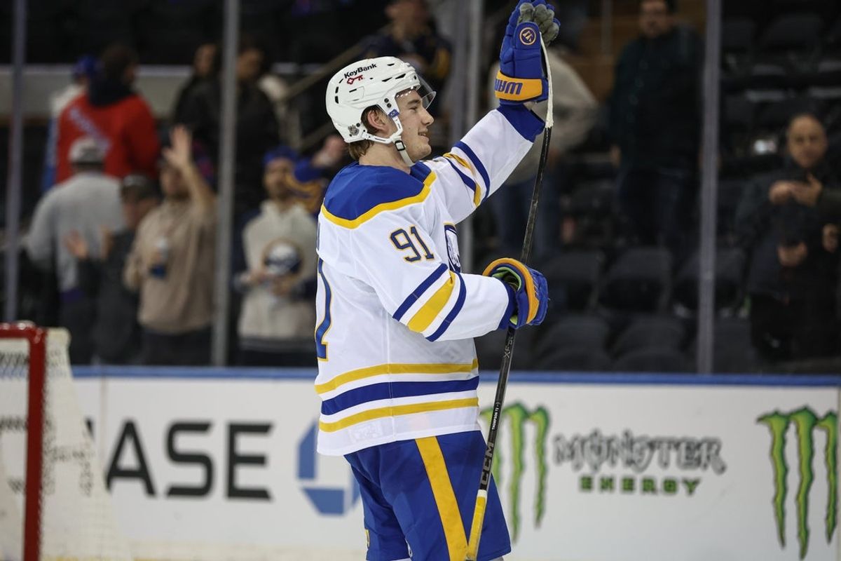 Jan 8, 2026; New York, New York, USA;  Buffalo Sabres right wing Josh Doan (91) skates off the ice after defeating the New York Rangers 5-2 at Madison Square Garden. Mandatory Credit: Wendell Cruz-Imagn Images