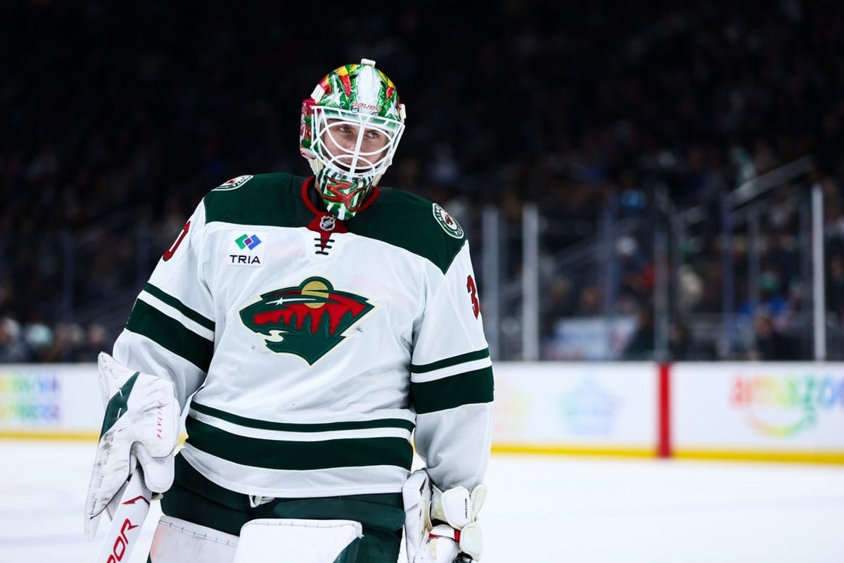 Jan 8, 2026; Seattle, Washington, USA; Minnesota Wild goalie Jesper Wallstedt (30) looks on in between plays in the second period against the Seattle Kraken at Climate Pledge Arena. Mandatory Credit: Kevin Ng-Imagn Images