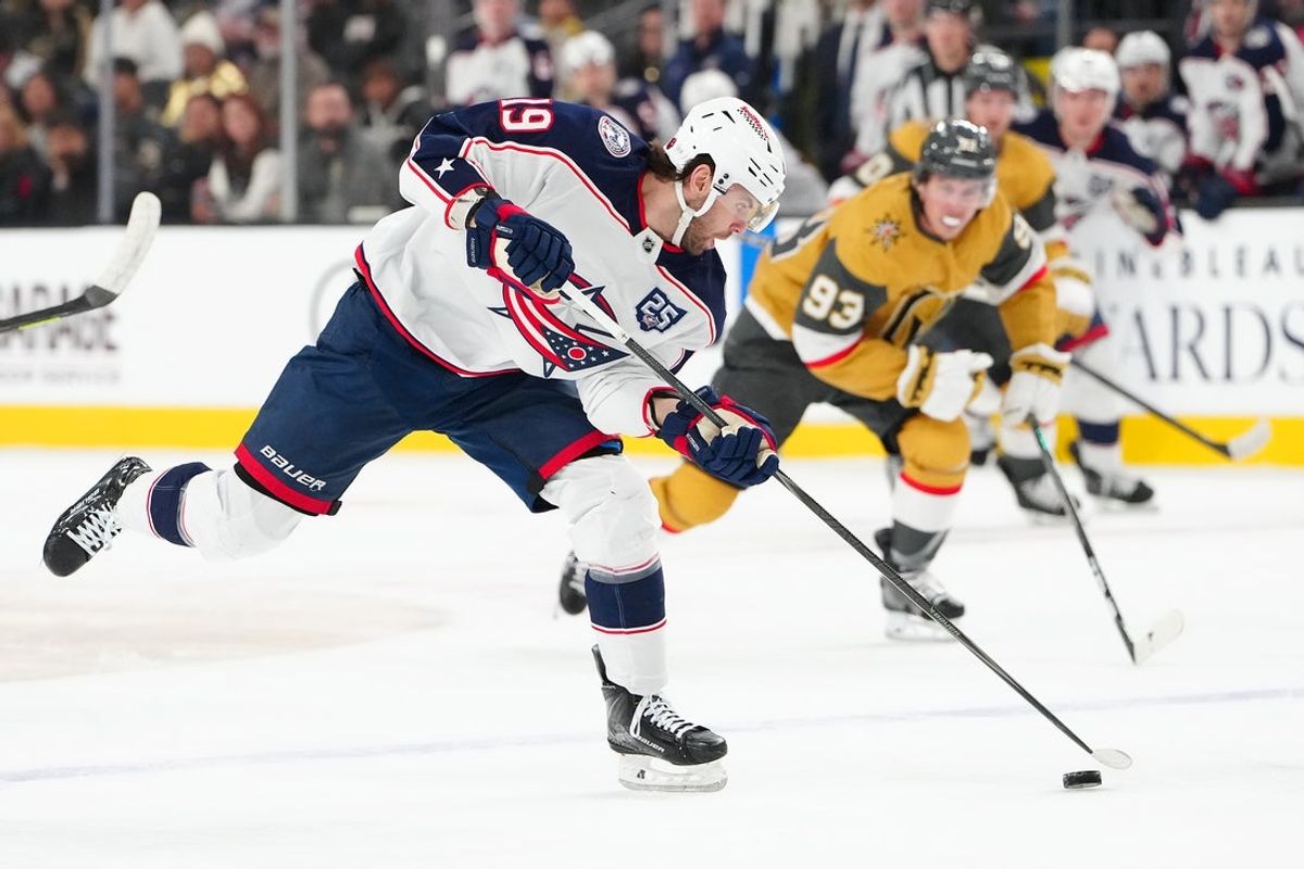 Jan 8, 2026; Las Vegas, Nevada, USA; Columbus Blue Jackets center Adam Fantilli (19) skates against the Vegas Golden Knights during the first period at T-Mobile Arena. Mandatory Credit: Stephen R. Sylvanie-Imagn Images