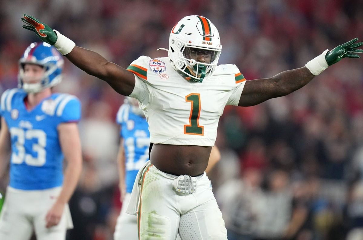 Miami Hurricanes linebacker Mohamed Toure (1) reacts after a defensive stop against the Ole Miss Rebels during their Vrbo Fiesta Bowl matchup at State Farm Stadium on Jan. 8, 2026.