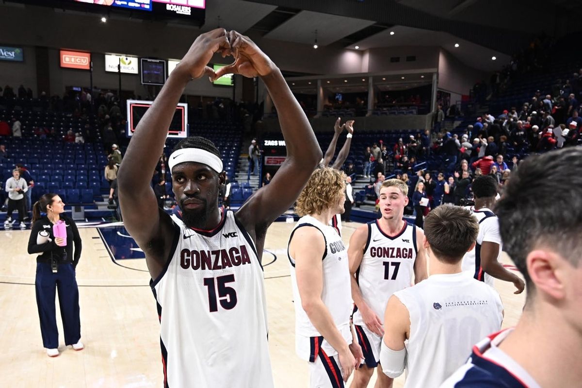 Jan 8, 2026; Spokane, Washington, USA; Gonzaga Bulldogs forward Graham Ike (15) celebrates after a game against the Santa Clara Broncos at McCarthey Athletic Center. Gonzaga Bulldogs won 89-77. Mandatory Credit: James Snook-Imagn Images