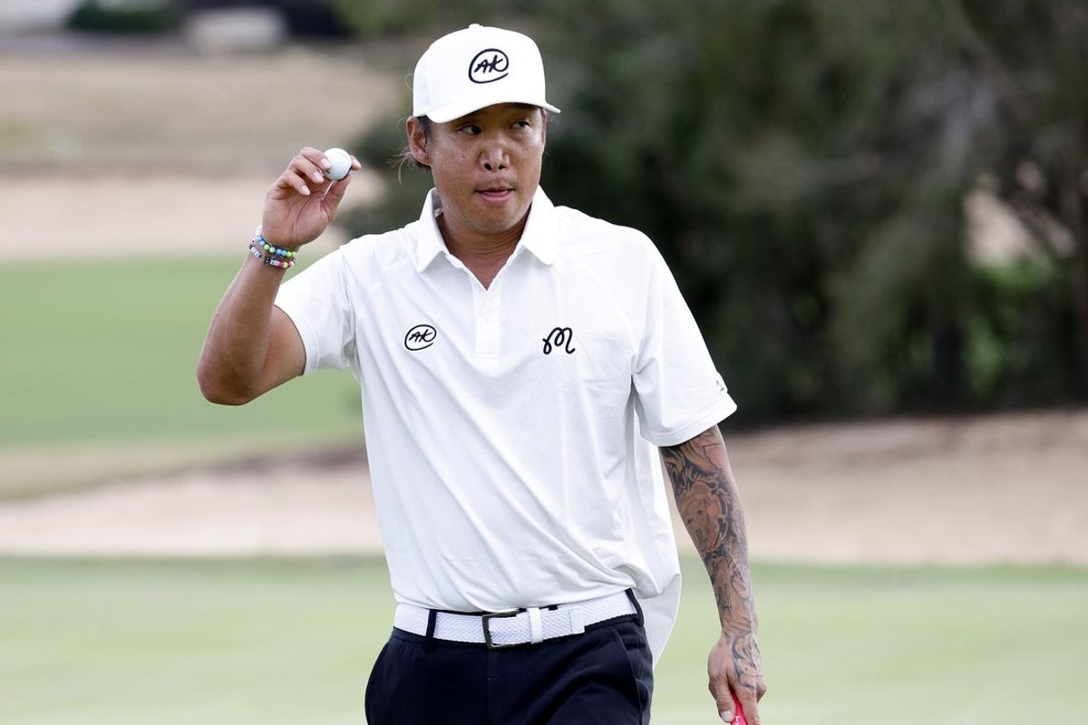 Jan 9, 2026; Lecanto, Florida, United States; Anthony Kim finishes his round on the eighteenth green during the second round of the LIV Golf Black Diamond Ranch golf tournament at Black Diamond Ranch. Mandatory Credit: Jeff Swinger-Imagn Images