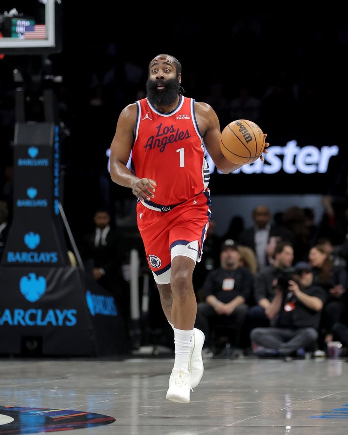 Jan 9, 2026; Brooklyn, New York, USA; Los Angeles Clippers guard James Harden (1) brings the ball up court against the Brooklyn Nets during the first quarter at Barclays Center. Mandatory Credit: Brad Penner-Imagn Images