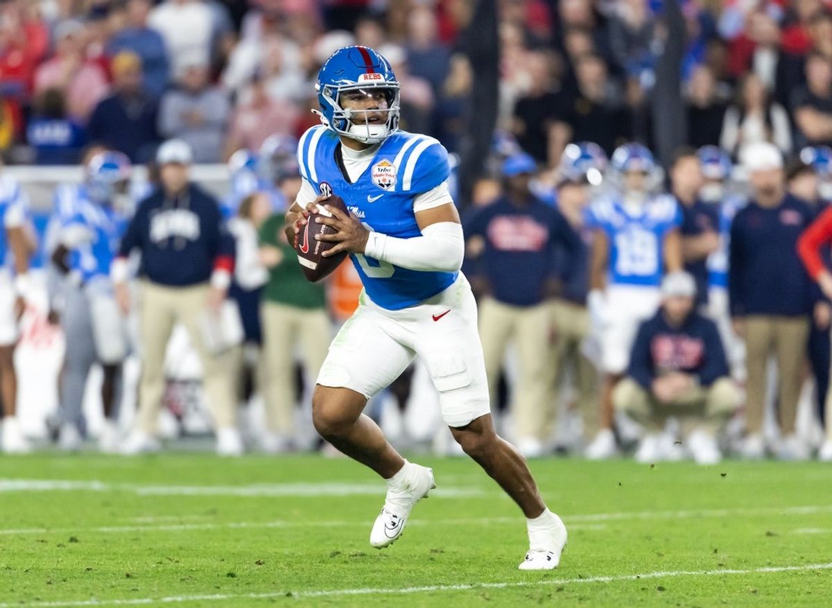 Jan 8, 2026; Glendale, AZ, USA; Detailed view of the jersey of Mississippi Rebels quarterback Trinidad Chambliss (6) against the Miami Hurricanes during the 2026 Fiesta Bowl and semifinal game of the College Football Playoff at State Farm Stadium. Mandatory Credit: Mark J. Rebilas-Imagn Images