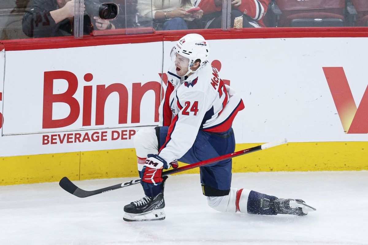 Jan 9, 2026; Chicago, Illinois, USA; Washington Capitals center Connor McMichael (24) celebrates after scoring against the Chicago Blackhawks during the first period at United Center. Mandatory Credit: Kamil Krzaczynski-Imagn Images