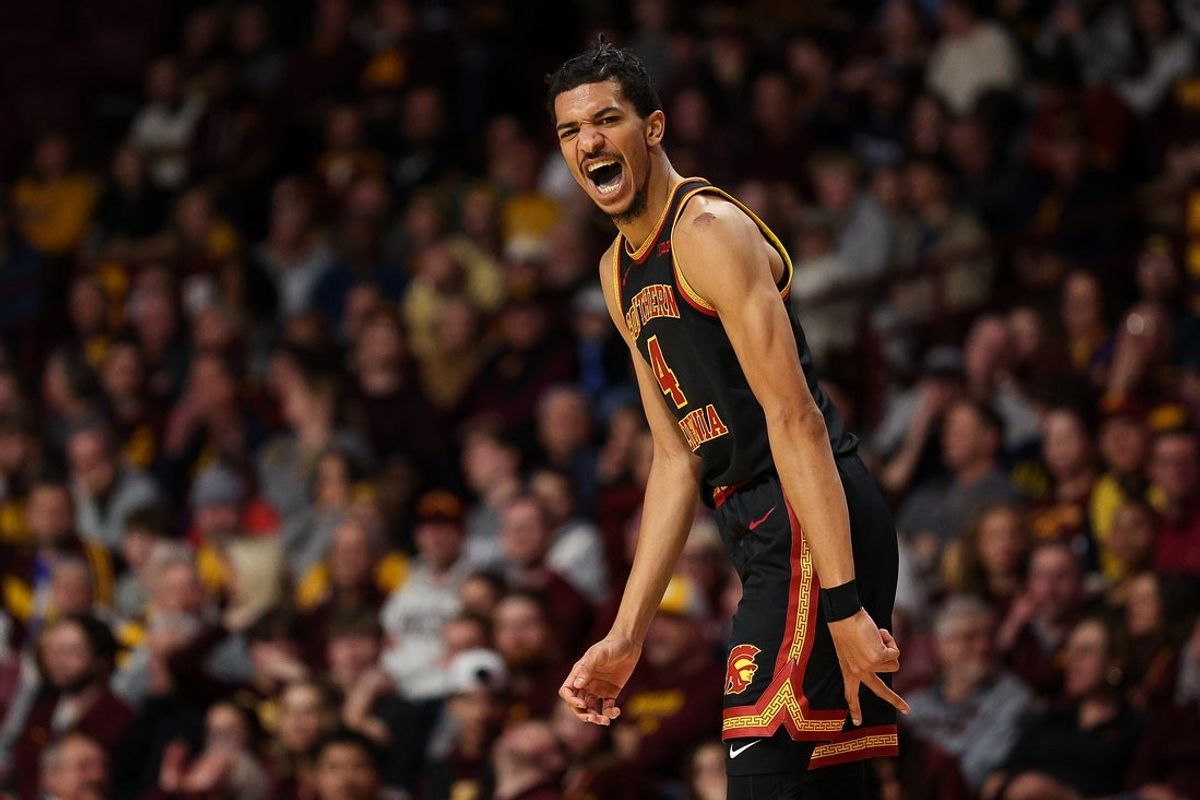 Jan 9, 2026; Minneapolis, Minnesota, USA; Southern California Trojans forward Chad Baker-Mazara (4) celebrates against the Minnesota Golden Gophers during the second half at Williams Arena. Mandatory Credit: Matt Krohn-Imagn Images
