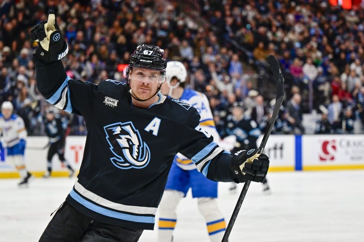 Jan 9, 2026; Salt Lake City, Utah, USA; Utah Mammoth left wing Lawson Crouse (67) reacts after scoring a goal during second period against the St. Louis Blues at Delta Center. Mandatory Credit: Peter Creveling-Imagn Images