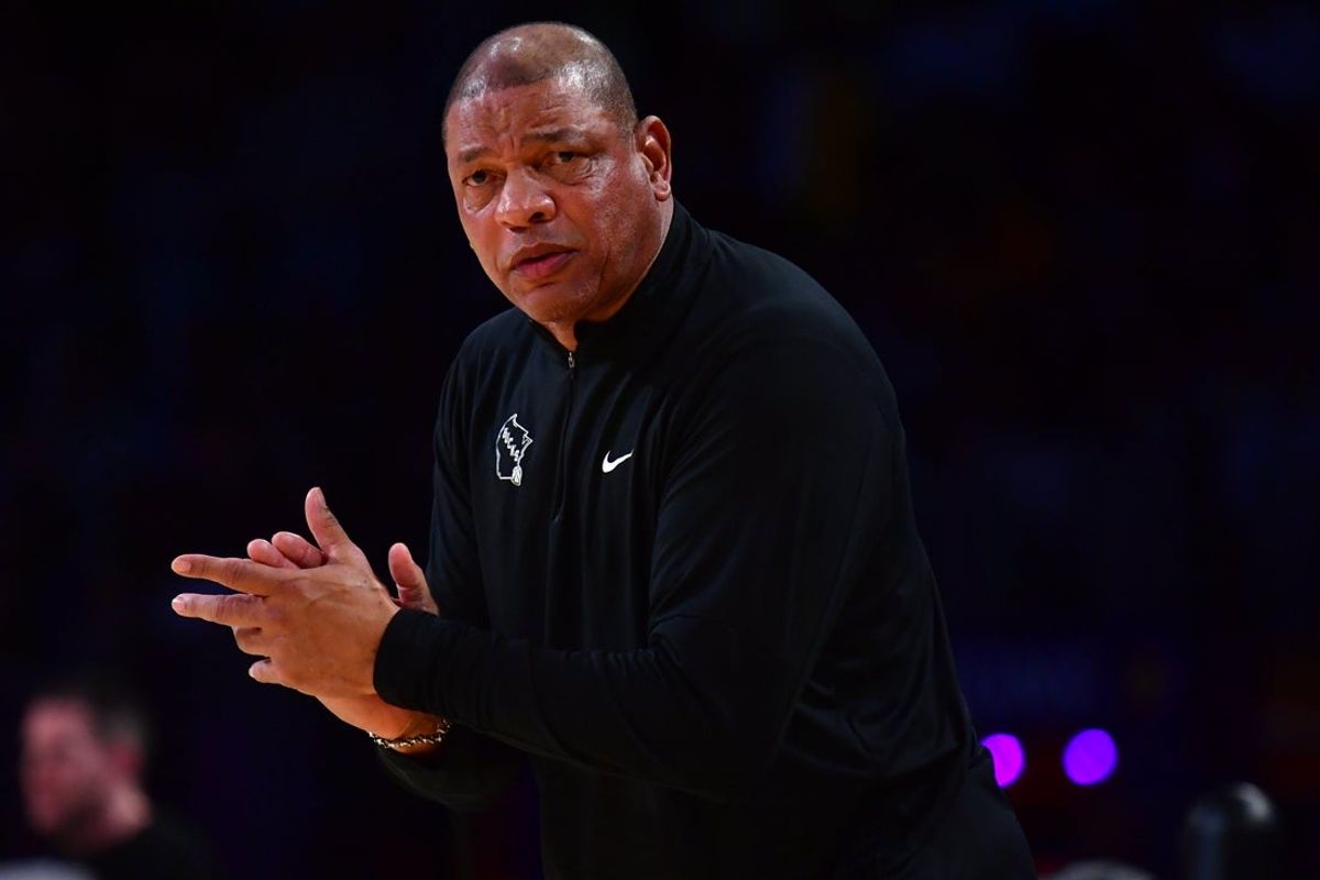 Jan 9, 2026; Los Angeles, California, USA; Milwaukee Bucks head coach Doc Rivers watches game action against the Los Angeles Lakers during the first half at Crypto.com Arena. Mandatory Credit: Gary A. Vasquez-Imagn Images