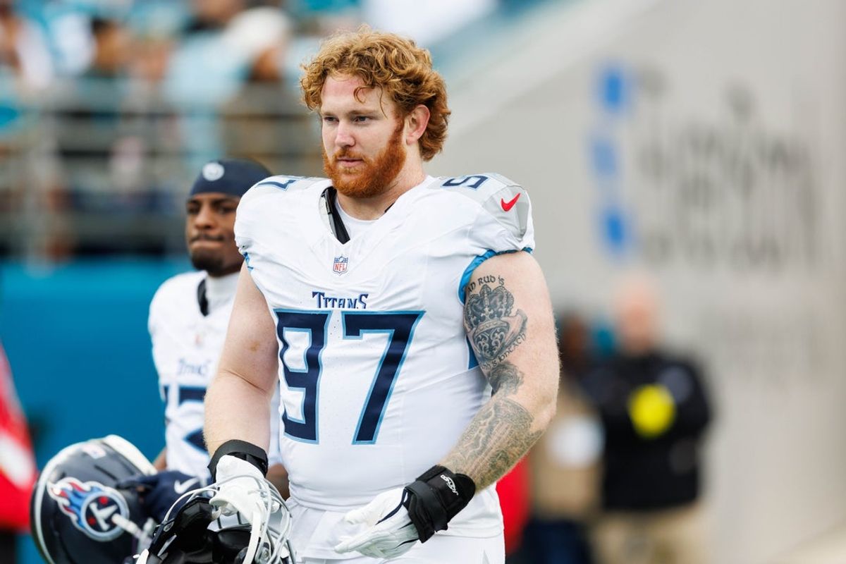 Jan 4, 2026; Jacksonville, Florida, USA; Tennessee Titans defensive lineman James Lynch (97) before the game against the Jacksonville Jaguars at EverBank Stadium. Mandatory Credit: Morgan Tencza-Imagn Images