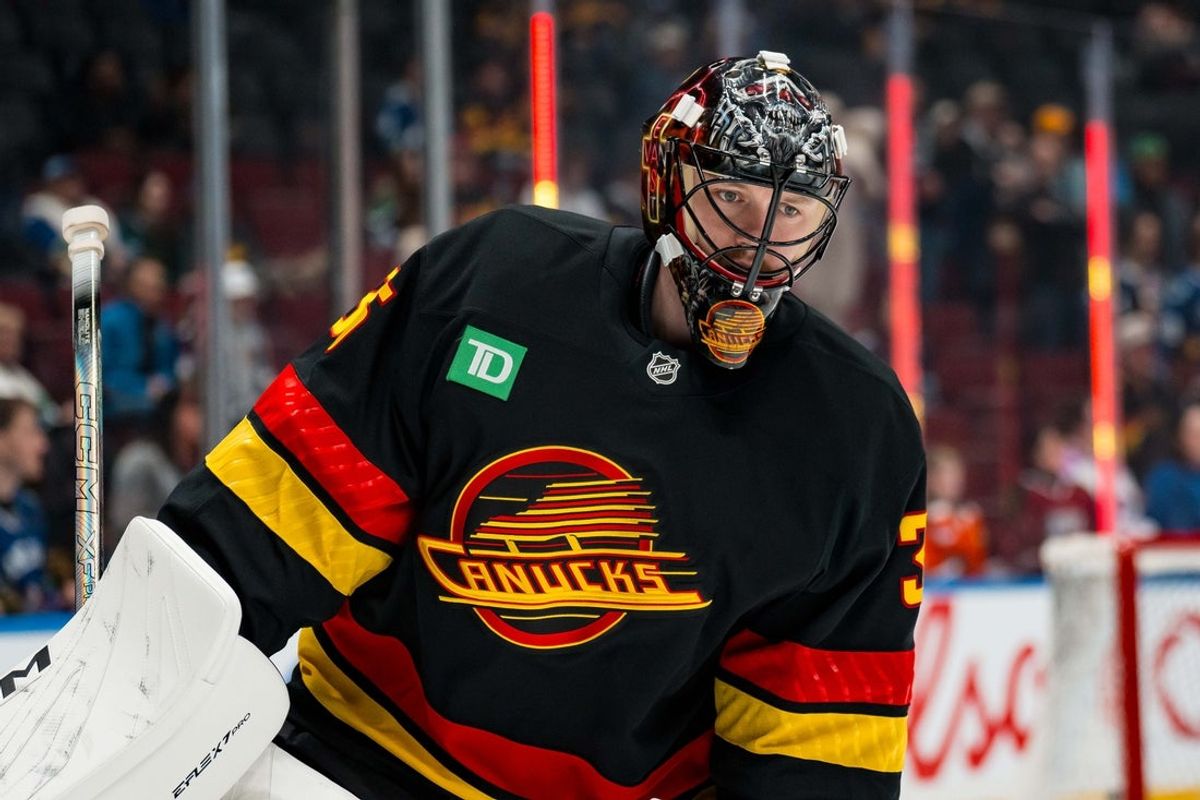 Jan 3, 2026; Vancouver, British Columbia, CAN; Vancouver Canucks goalie Thatcher Demko (35) skates in warm up prior to a game against the Boston Bruins at Rogers Arena. Mandatory Credit: Bob Frid-Imagn Images