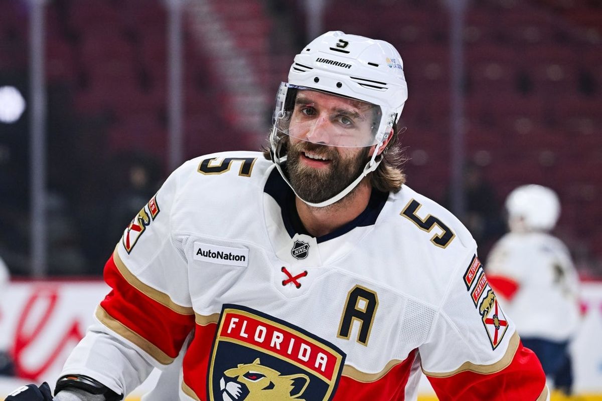 Jan 8, 2026; Montreal, Quebec, CAN; Florida Panthers defenseman Aaron Ekblad (5) looks on during warm-up before the game against the Montreal Canadiens at Bell Centre. Mandatory Credit: David Kirouac-Imagn Images