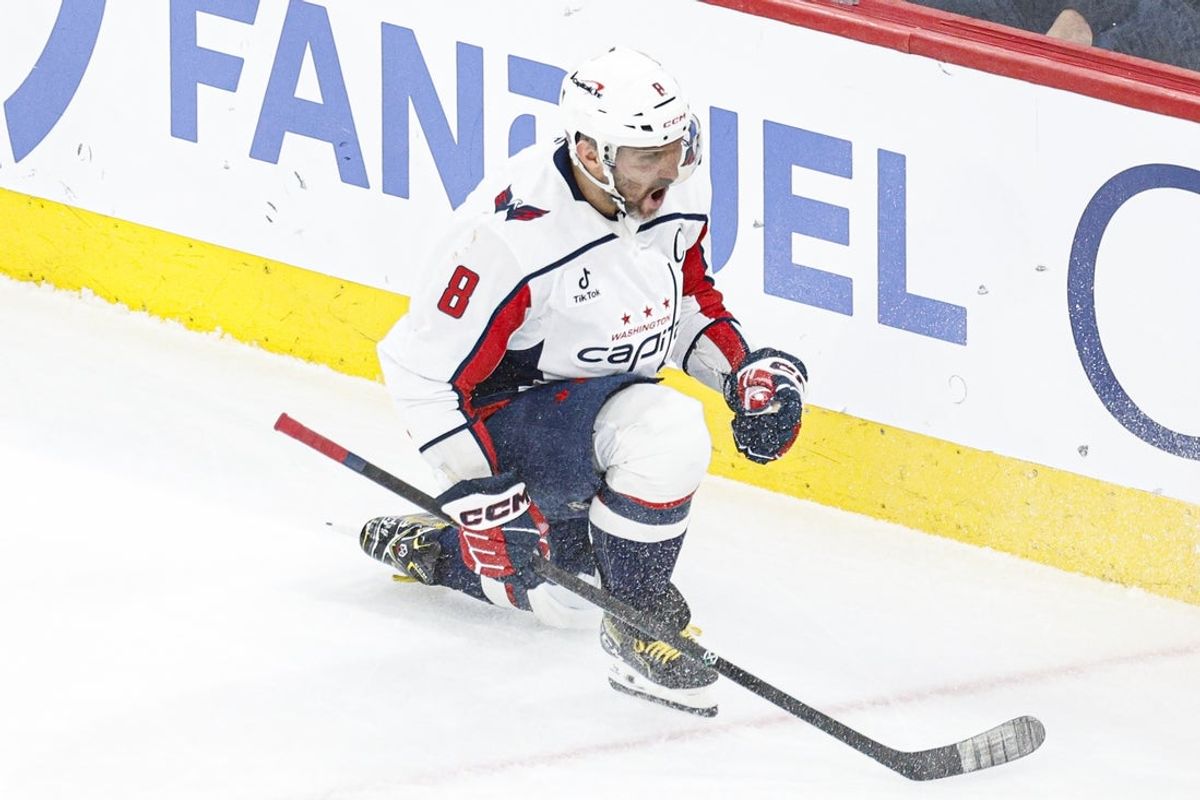 Jan 9, 2026; Chicago, Illinois, USA; Washington Capitals left wing Alex Ovechkin (8) celebrates after scoring against the Chicago Blackhawks during the third period at United Center. Mandatory Credit: Kamil Krzaczynski-Imagn Images